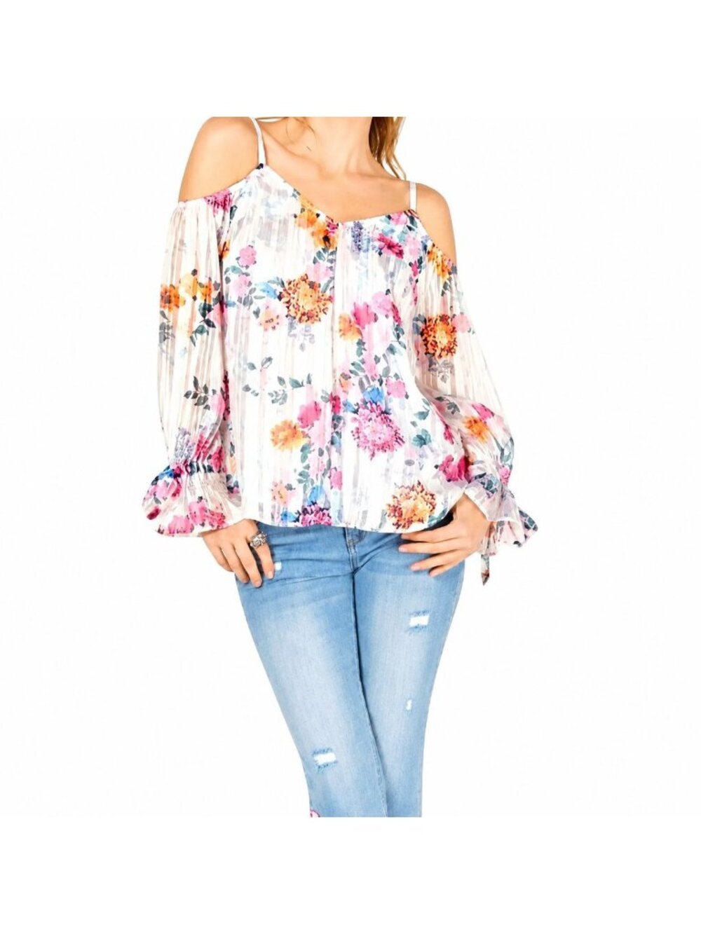 INC Floral International Concepts Cold Shoulder Blouse Sheer Long Sleeves Medium